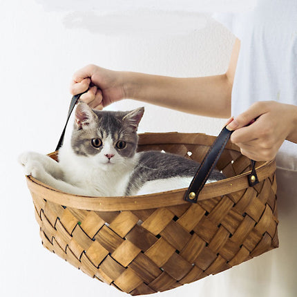 Panier rond avec coussin tropical et anses en cuir - Ambiance bohème