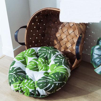 Panier rond avec coussin tropical et anses en cuir - Ambiance bohème