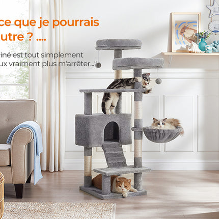 Arbre à chat multifonction 142 cm avec plateformes, niches et panière suspendue