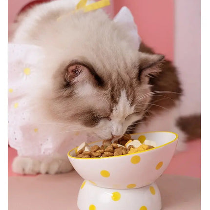Bol surélevé à pois jaunes pour chat | Design pastel et ludique