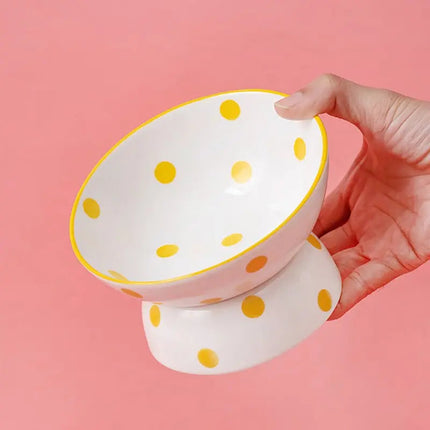 Bol surélevé à pois jaunes pour chat | Design pastel et ludique