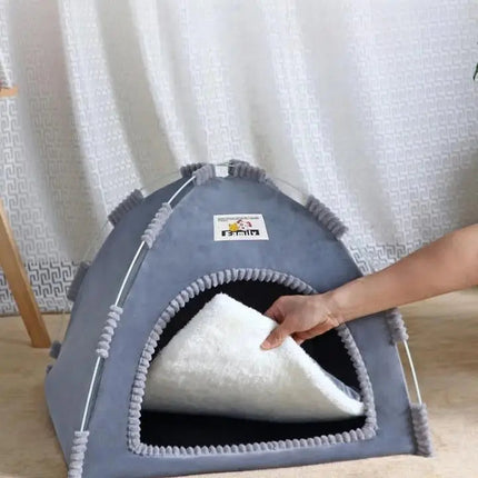 Tente Triangulaire pour Chat avec Bordures décoratives en Pompons