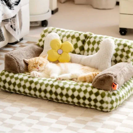 Lit pour chat à carreaux verts et blancs | Ambiance cosy et moelleuse