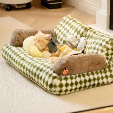 Lit pour chat à carreaux verts et blancs | Ambiance cosy et moelleuse