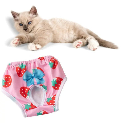 Culotte Rose pour Chat - Motifs Fraises et Nœud Bleu