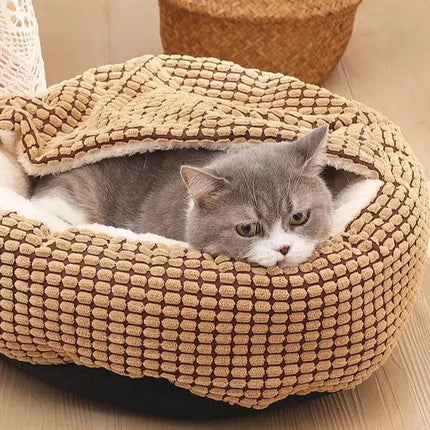 Lit Rond Pour Chat Avec Couverture Intégrée - Motifs Quadrillés Beige et Marron