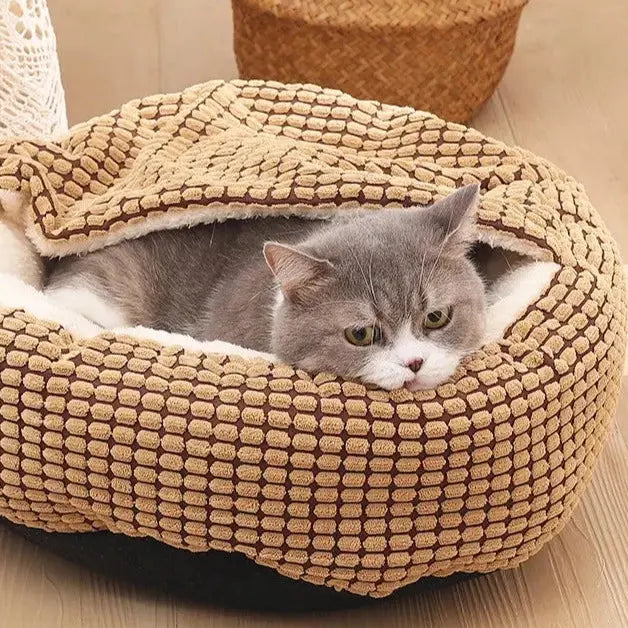 Lit Rond Pour Chat Avec Couverture Intégrée - Motifs Quadrillés Beige et Marron