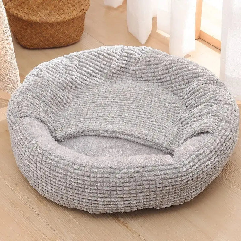 Lit Rond Pour Chat Avec Couverture Intégrée - Motifs Quadrillés Beige et Marron