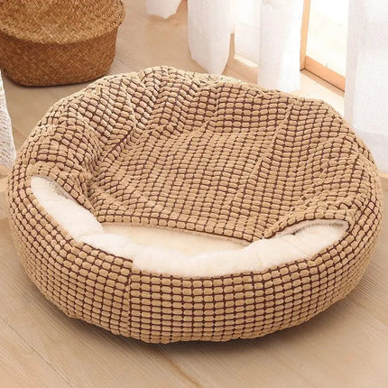 Lit Rond Pour Chat Avec Couverture Intégrée - Motifs Quadrillés Beige et Marron