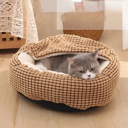 Lit Rond Pour Chat Avec Couverture Intégrée - Motifs Quadrillés Beige et Marron