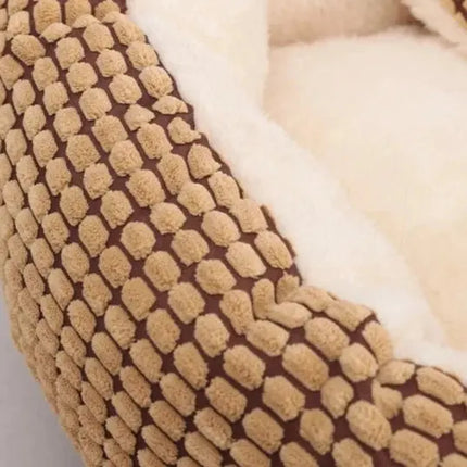 Lit Rond Pour Chat Avec Couverture Intégrée - Motifs Quadrillés Beige et Marron