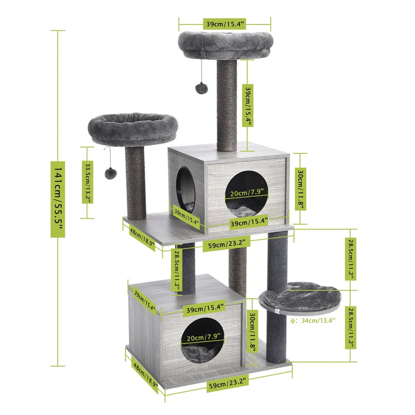 Arbre multifonction gris clair pour chats avec plateformes et niches
