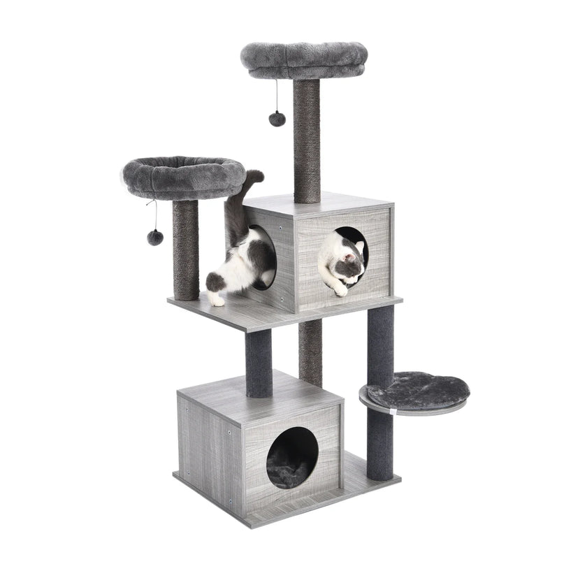 Arbre multifonction gris clair pour chats avec plateformes et niches
