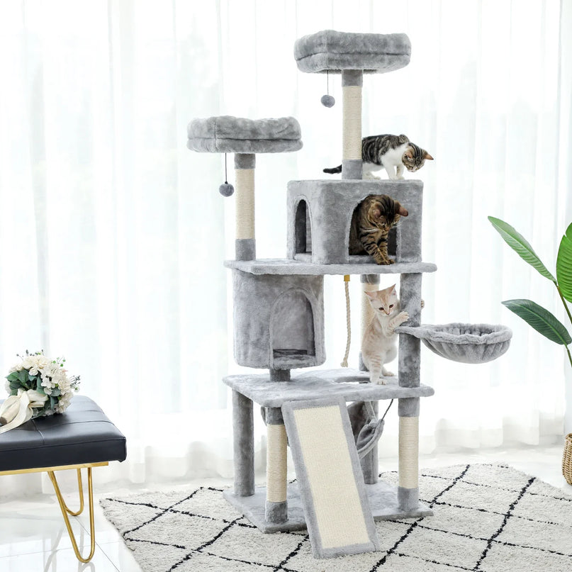 Arbre pour chat gris multi-niveaux avec hamac et zones de repos