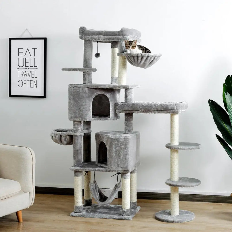 Arbre pour chat gris multi-niveaux avec hamac et zones de repos