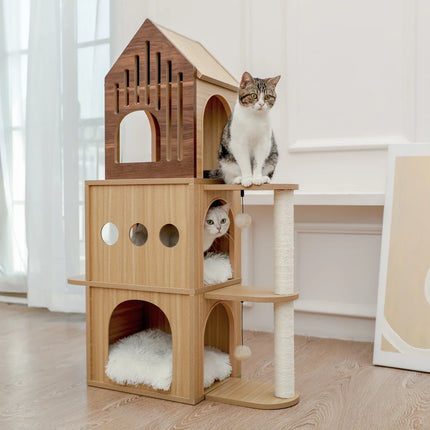 Arbre à Chat en Bois Design avec Paliers et Cachette
