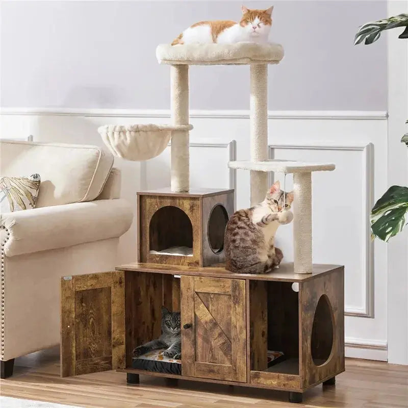Arbre pour chats avec rangements intégrés et hamac suspendu