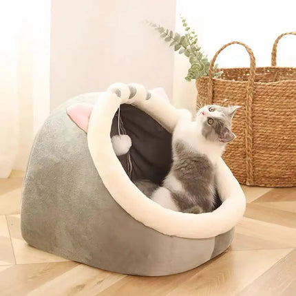 Panier Douillet en Forme de Grotte pour Chat avec Jouet Suspendu