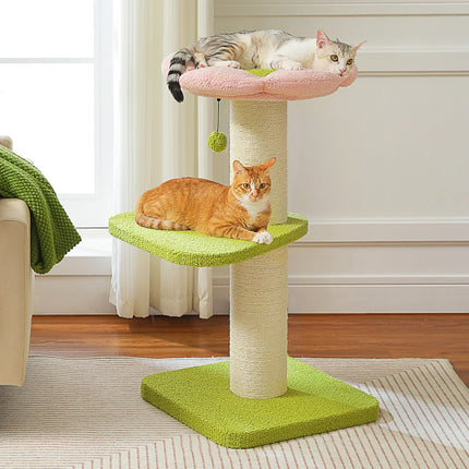 Arbre à Chat Compact avec Coussin Fleur Rose et Plateformes Vertes