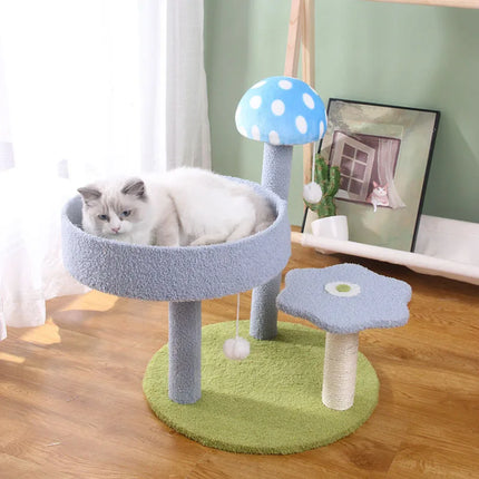 Arbre à Chat Compact Ludique avec Plateformes Vertes et Décoration Champignon