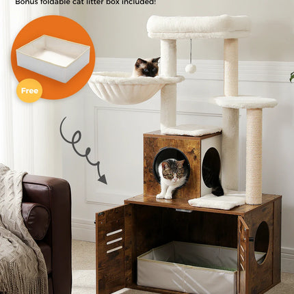Arbre multifonction pour chats avec plateformes et espace de rangement