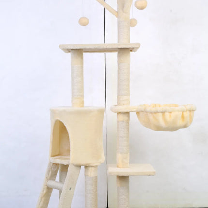Grand arbre à chat interactif avec niche, hamac et jouets suspendus