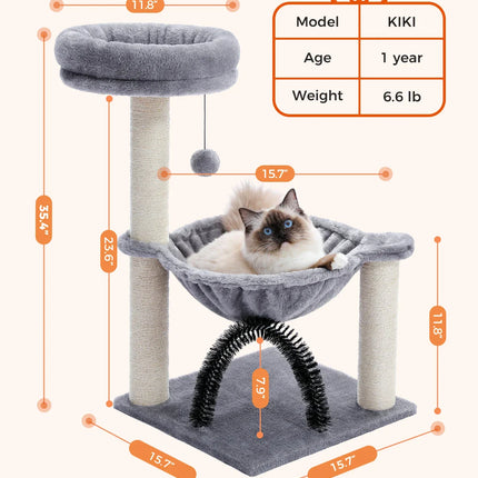 Arbre à Chat 3 Niveaux avec Hamac Vert et Plateforme Fleur Rose