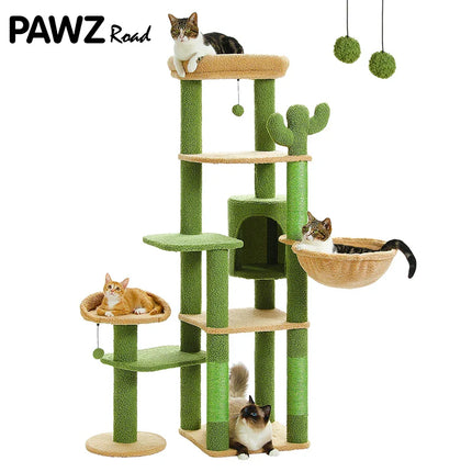 Arbre à Chat Ludique avec Thème Cactus et Plateformes Multi-Niveaux