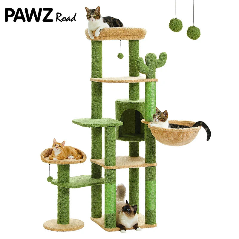 Arbre à Chat Ludique avec Thème Cactus et Plateformes Multi-Niveaux