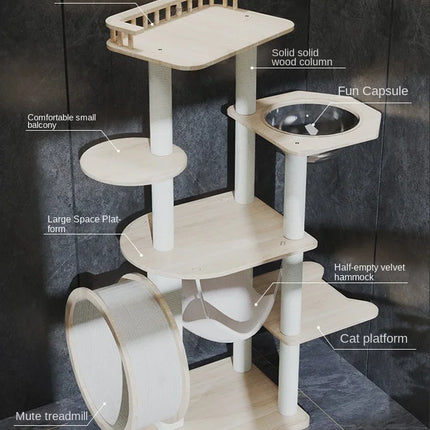 Arbre à chat multifonction avec plateforme, roue et hamac central