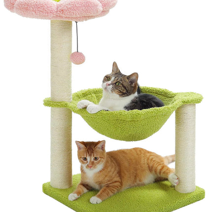 Arbre à Chat 3 Niveaux avec Hamac Vert et Plateforme Fleur Rose