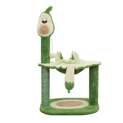 Arbre à chat compact ludique vert avec plateforme feuille et accessoires suspendus
