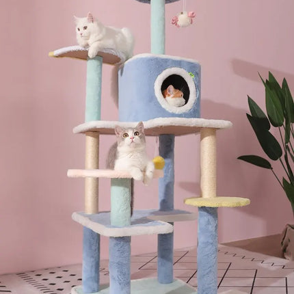 Arbre à Chats Pastel avec Jouet Suspendu et Niche Ronde