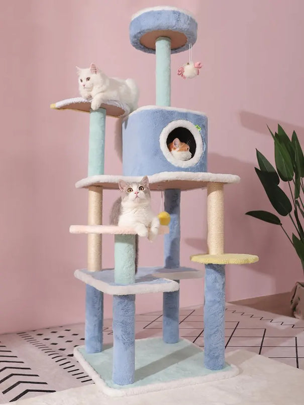 Arbre à Chats Pastel avec Jouet Suspendu et Niche Ronde
