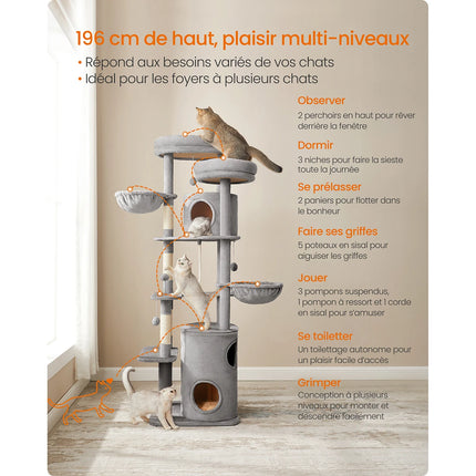 Grand arbre à chat multi-niveaux avec poteaux en sisal et plateformes spacieuses