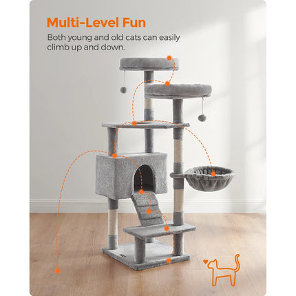 Arbre à chat multifonction 142 cm avec plateformes, niches et panière suspendue