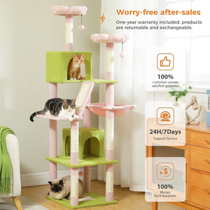 Arbre à Chat Multi-Niveaux Vert et Rose Pastel avec Jouets Suspendus