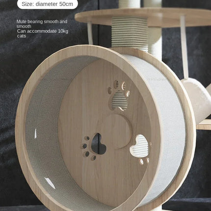 Arbre à chat multifonction avec plateforme, roue et hamac central