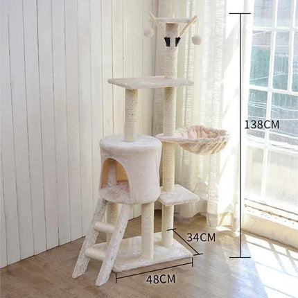 Grand arbre à chat interactif avec niche, hamac et jouets suspendus