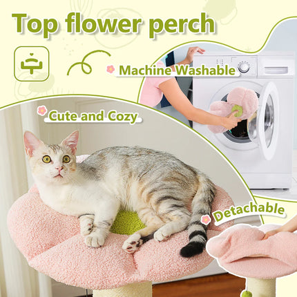 Arbre à Chat Compact avec Coussin Fleur Rose et Plateformes Vertes