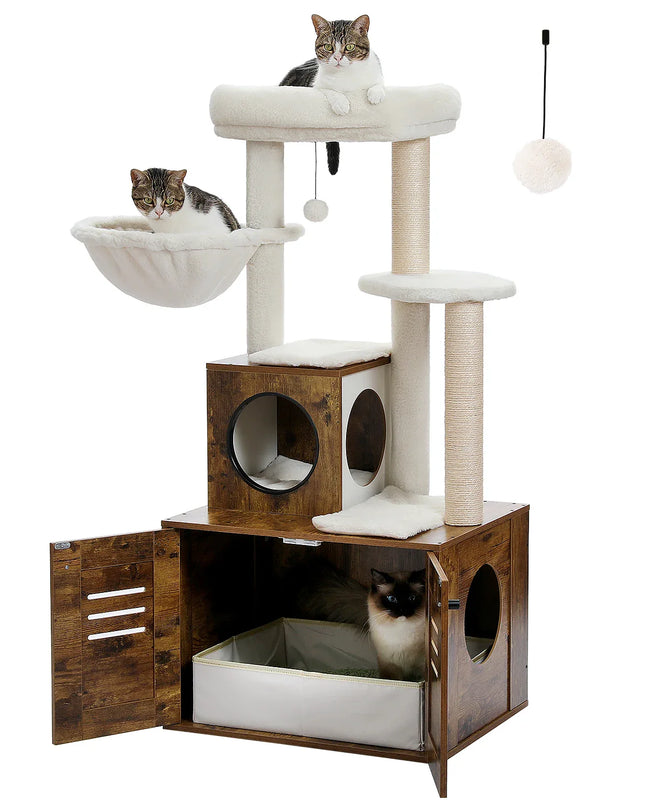 Arbre multifonction pour chats avec plateformes et espace de rangement
