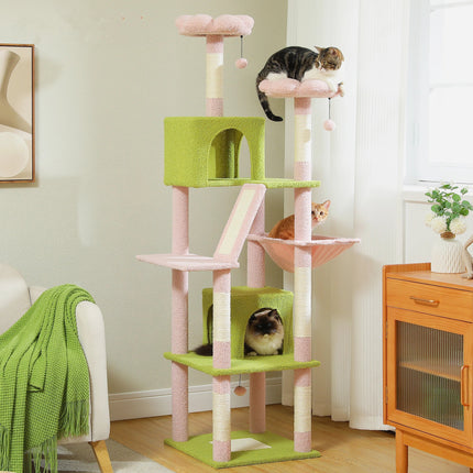 Arbre à Chat Multi-Niveaux Vert et Rose Pastel avec Jouets Suspendus