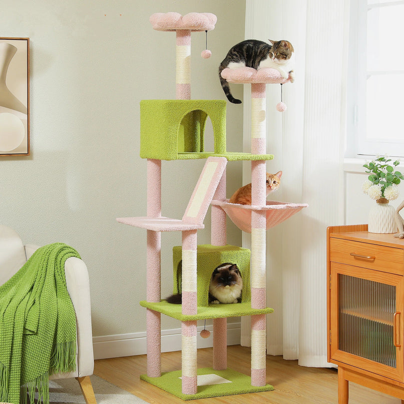 Arbre Ă  Chat Multi-Niveaux Vert et Rose Pastel avec Jouets Suspendus