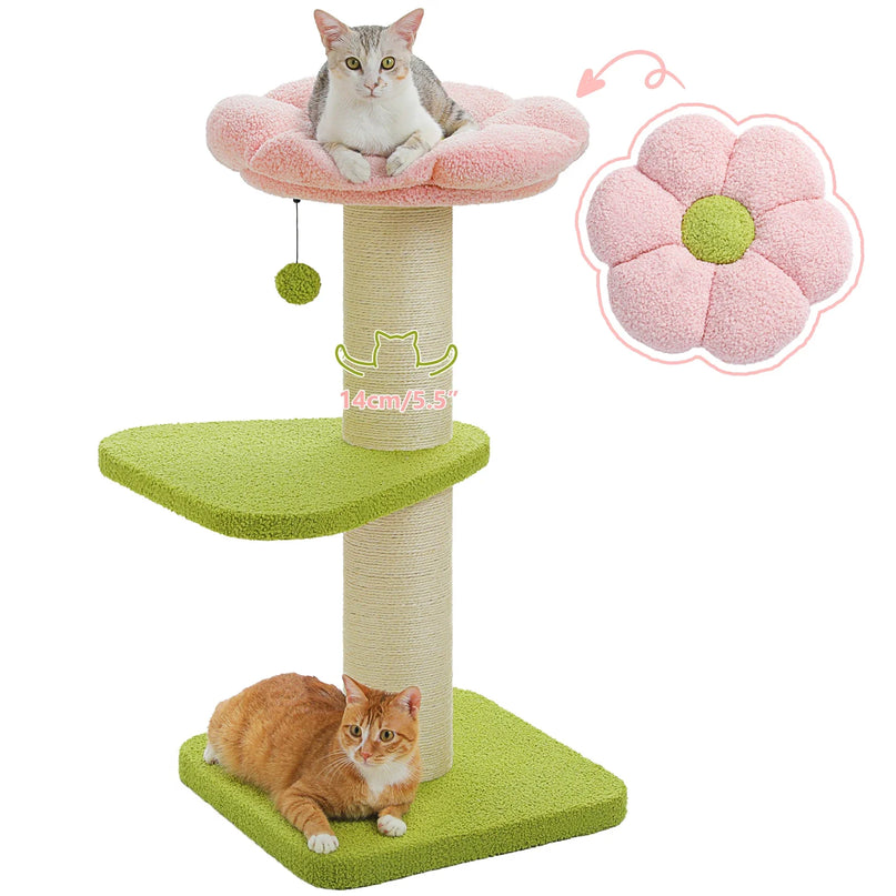 Arbre à Chat Compact avec Coussin Fleur Rose et Plateformes Vertes