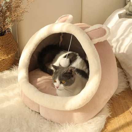Petit igloo rose pour chat avec pompon suspendu