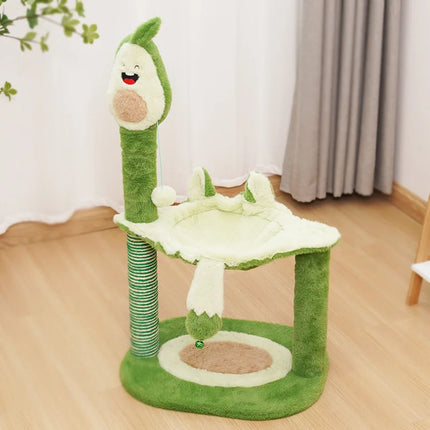 Arbre à chat compact ludique vert avec plateforme feuille et accessoires suspendus