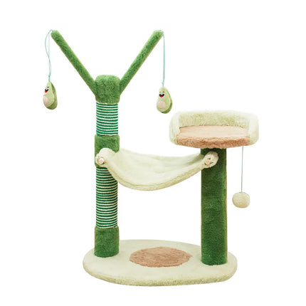 Arbre à chat compact ludique vert avec plateforme feuille et accessoires suspendus