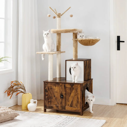 Arbre à Chat Rustique avec Rangement et Hamac Suspendu