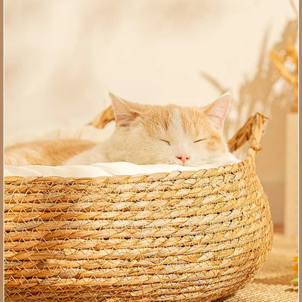 Panier rond tressé avec coussin blanc cassé et détails décoratifs