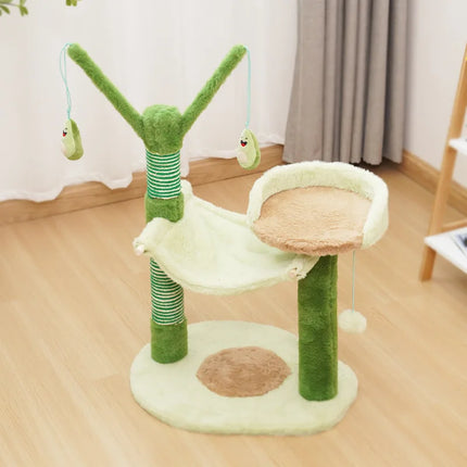 Arbre à chat compact ludique vert avec plateforme feuille et accessoires suspendus